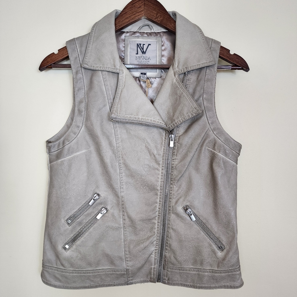 NEW Stylish Grey Moto Vest Size Small Faux Leather Faded Style